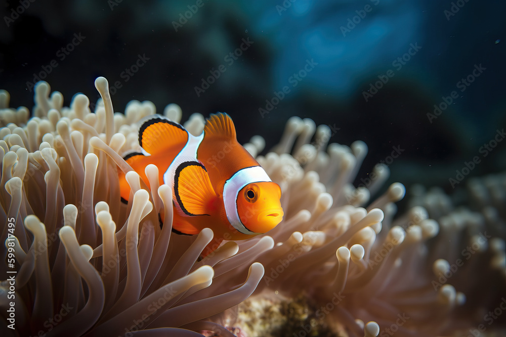 Tropical sea corals and clown fish (Amphiprion percula). Generative AI - obrazy, fototapety, plakaty 