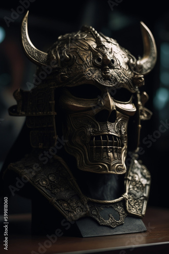 Close-up of a traditional helmet and mengu mask samurai  Japanese medieval armor  art generated by ai 
