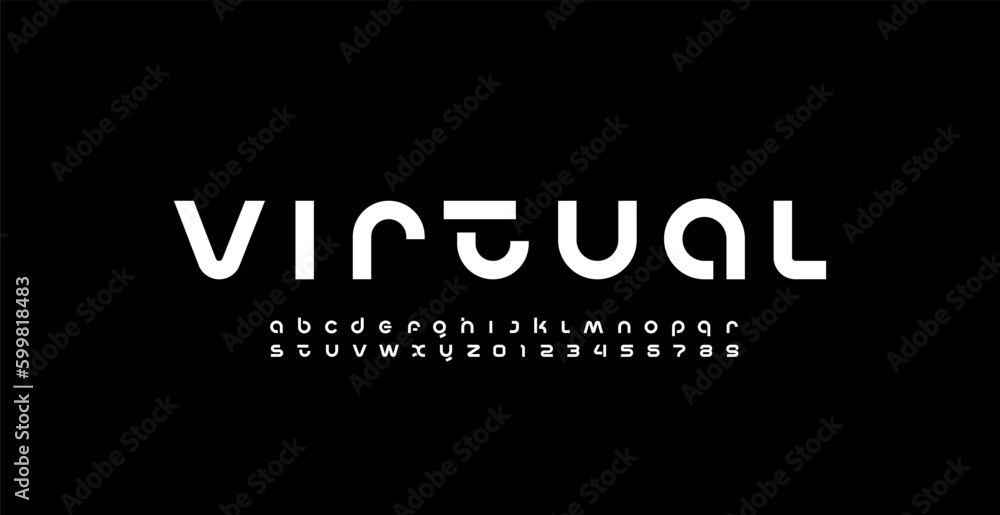 Technology science font, digital cyber alphabet made space future design, Latin lowercase bold letters A-Z and Arab numerals 0-9 space style