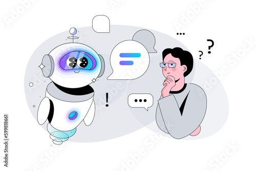 A Man asks a Question to Artificial Intelligence Bot. Chatbot in the form of a cute Robot answers questions. Ai and human characters. Using and chatting chatgpt. Neural network conversation assistant 