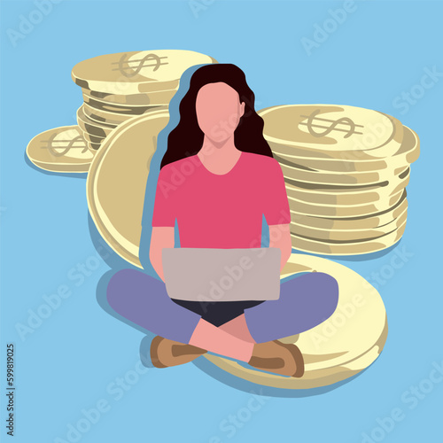 Vector isolated illustration of earning money on the internet. Earnings of a freelancer. A girl with a laptop sits on coins. Financial success.