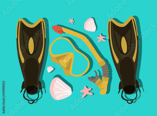 Vector isolated illustration of diving set. Vacation at sea. Vacation. Diving courses. Summer time.