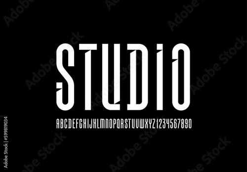 Longest font, high white alphabet, croppered letters and numbers made Internal angled serifs bevel type, for your designs: logo, movie banner, cinema poster or newspaper, vector illustration 10EPS