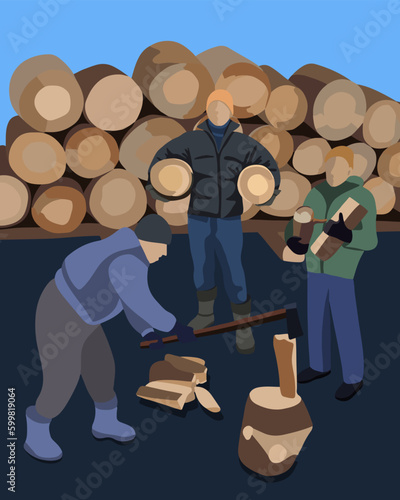 Vector isolated illustration of harvesting firewood for winter. Chopping firewood. A man chops firewood. A man stacks firewood.