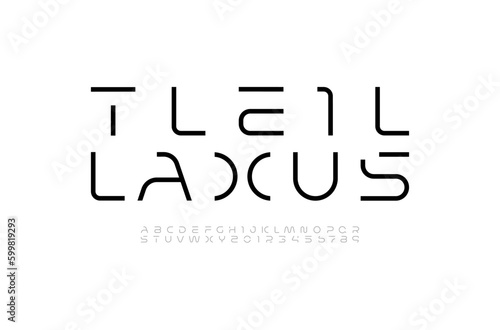 Virtual cyber font, digital alphabet made space future design, uppercase Latin letters A-Z and Arab numerals 0-9 space style