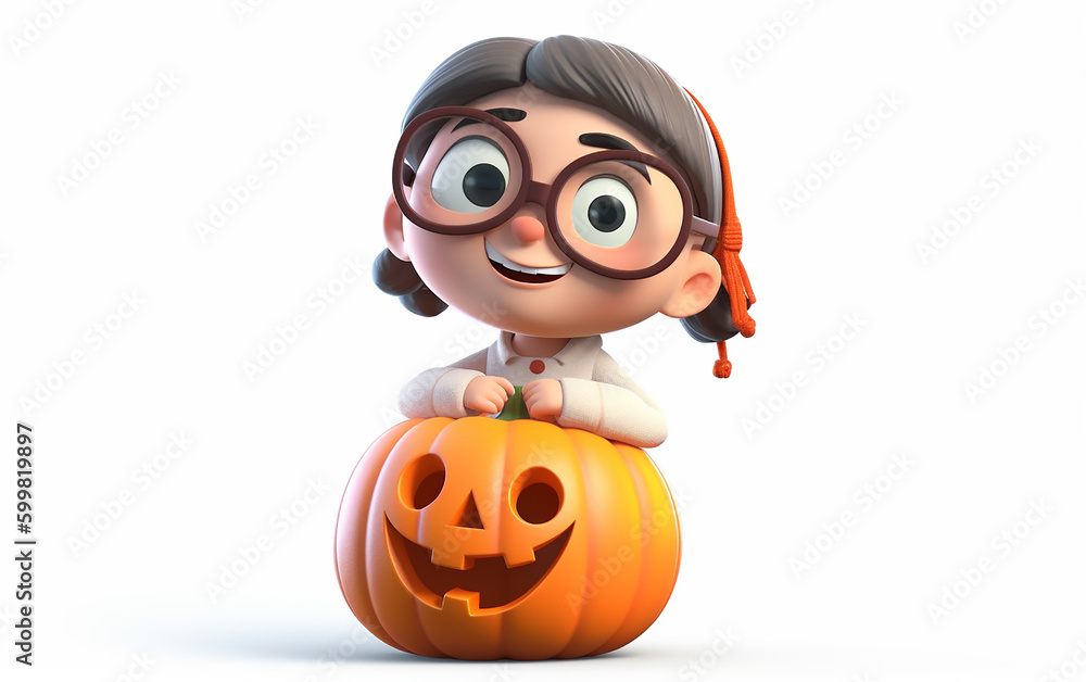 Obraz premium Curious little girl with glasses and pigtails, eagerly peeking over a large Halloween pumpkin, radiating festive enthusiasm.