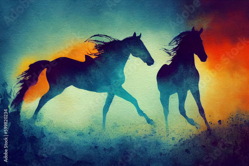 Horse watercolor double exposure background. generative ai. Abstract colorful horse background