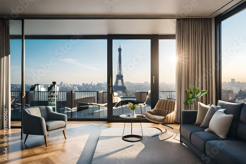 View of Eiffel Tower from a luxury apartment. Generative AI