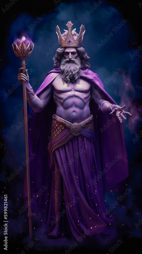 The concept of the symbolism of the planets in Astrology. A man wearing a crown with a scepter in the image of the Roman god as an image of the symbolism of Jupiter. Purple. Generated, AI, generated A