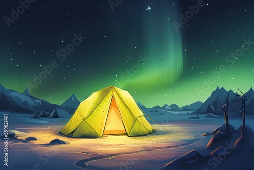 Illuminated tent aurora. Generate Ai