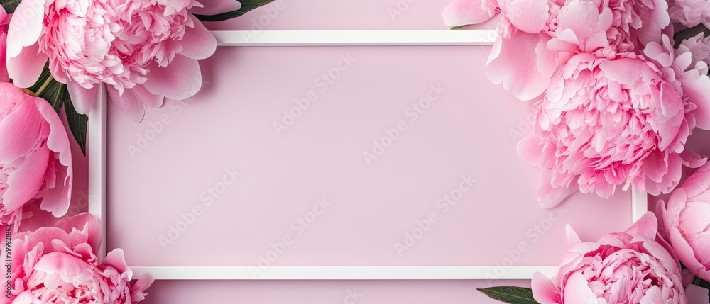 Background with a rectangular frame made of delicate pink flowers, roses, white framing and negative copy space - generative ai