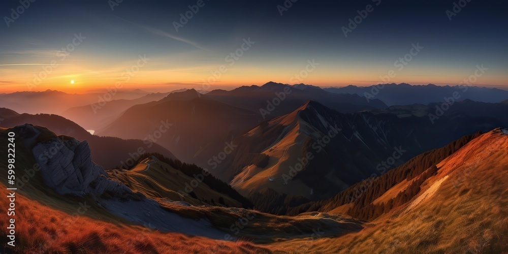 Naklejka premium AI Generated. AI Generative. Photo realistic illustration of alpen landscape background mountaines hike rocks. Adventure hiking travel explore vibe. Graphic Art