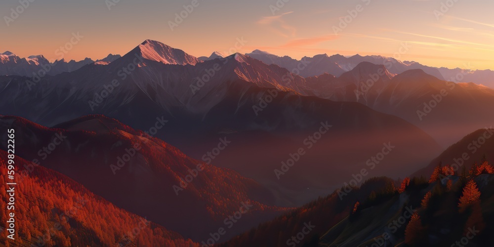 AI Generated. AI Generative. Photo realistic illustration of alpen landscape background mountaines hike rocks. Adventure hiking travel explore vibe. Graphic Art