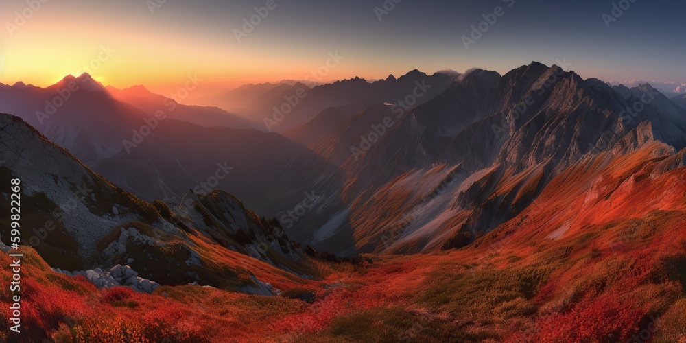 AI Generated. AI Generative. Photo realistic illustration of alpen landscape background mountaines hike rocks. Adventure hiking travel explore vibe. Graphic Art