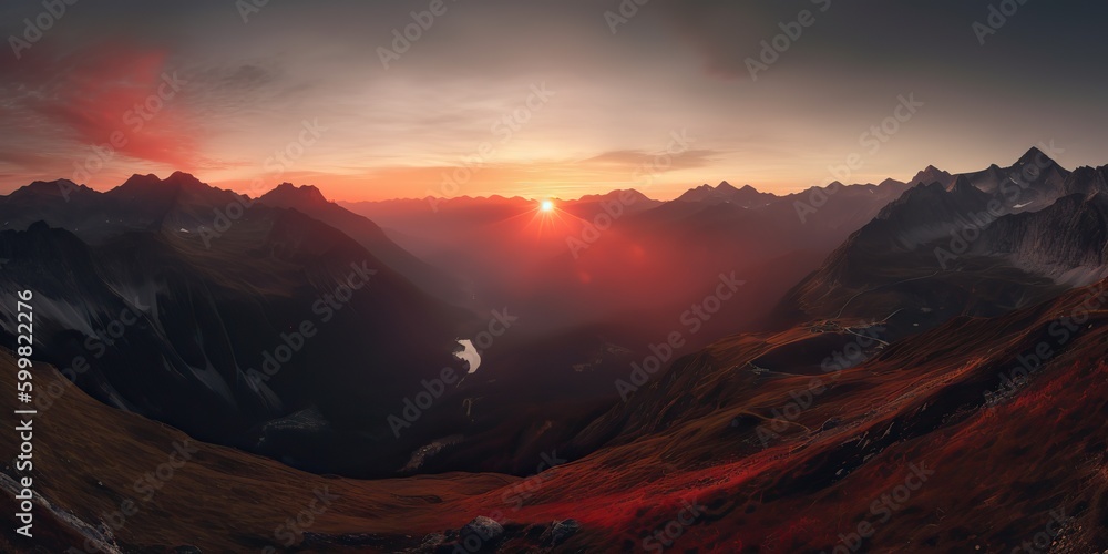 AI Generated. AI Generative. Photo realistic illustration of alpen landscape background mountaines hike rocks. Adventure hiking travel explore vibe. Graphic Art