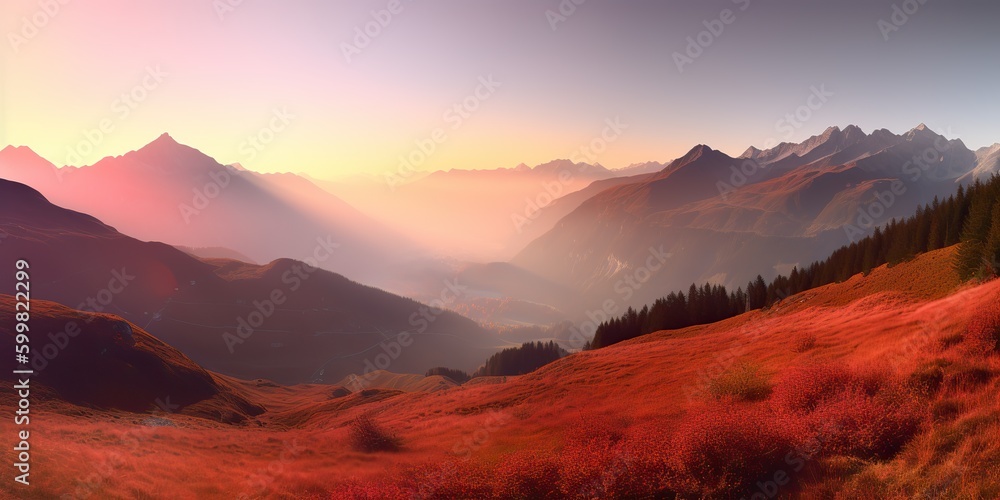 AI Generated. AI Generative. Photo realistic illustration of alpen landscape background mountaines hike rocks. Adventure hiking travel explore vibe. Graphic Art