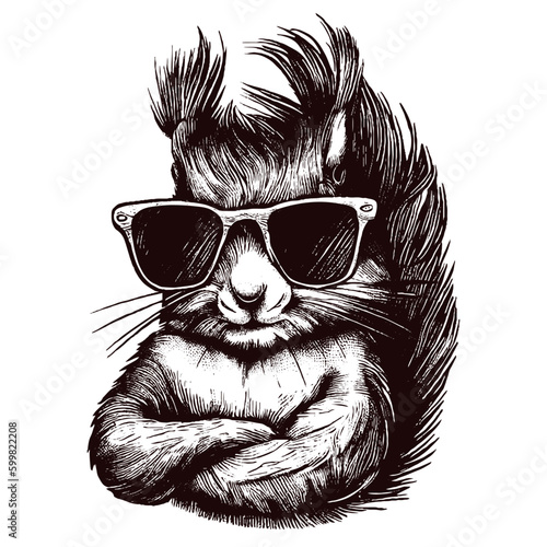 funny squirrel wearing sunglasses in a cross hands pose, cool squirrel sketch