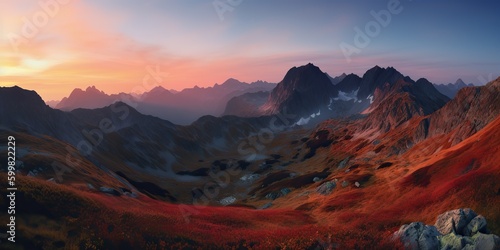 AI Generated. AI Generative. Photo realistic illustration of alpen landscape background mountaines hike rocks. Adventure hiking travel explore vibe. Graphic Art © AkimD
