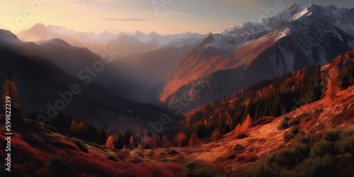 AI Generated. AI Generative. Photo realistic illustration of alpen landscape background mountaines hike rocks. Adventure hiking travel explore vibe. Graphic Art