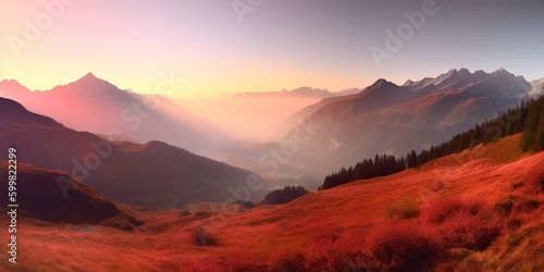 AI Generated. AI Generative. Photo realistic illustration of alpen landscape background mountaines hike rocks. Adventure hiking travel explore vibe. Graphic Art