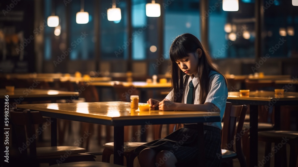 A shy School Pupil Kid Girl in school uniform sitting alone in a dimly lit cafeteria with a melancholic atmosphere. Feelings of loneliness. Generative Ai. A shy School Pupil Kid Girl in school uniform sitting alone in a dimly lit cafeteria with a melancholic atmosphere. Feelings of loneliness. Generative Ai.