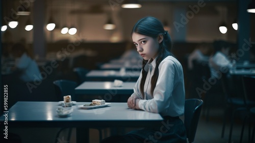 A shy School Pupil Kid Girl in school uniform sitting alone in a dimly lit cafeteria with a melancholic atmosphere. Feelings of loneliness. Generative Ai.