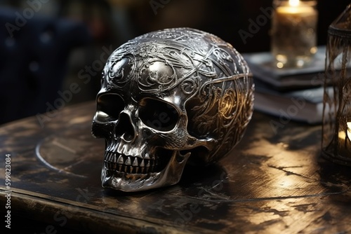 silver statuette of carving skull, generative AI