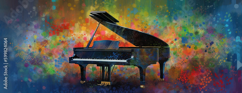 Music from a grand piano projecting a artistic colorful background.  A grand piano with lid open, with oil painting style artistic background. Hand edited generative AI.
  photo