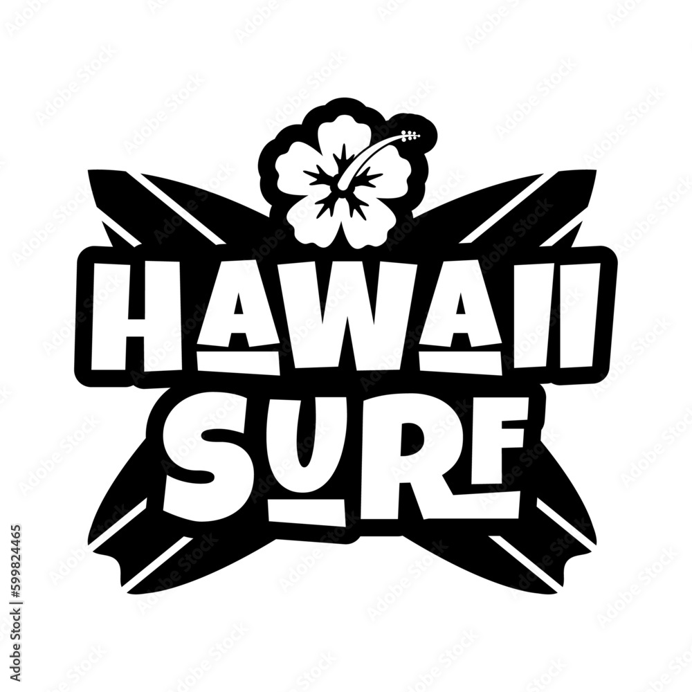 Logo club de surf. Palabra Hawaii Surf con letras estilo hawaiano sobre
