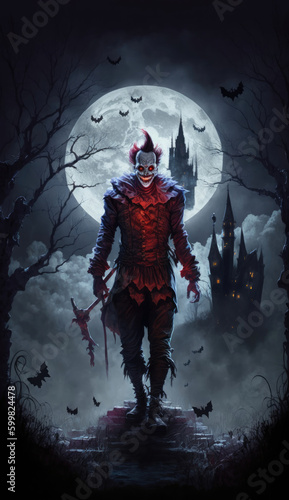 Scary clown full body infront off a full moon with castle, generative AI halloween clown 