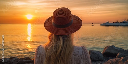 girl in a hat from the back against the background of the sunset. generative Ai.