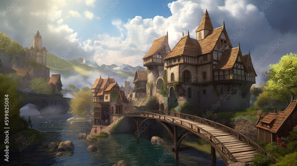 Fototapeta premium 3d landscape fantasy village illustration. Generative AI.