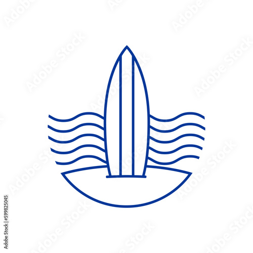 Logo club de surf. Tabla de surf lineal en arena de playa con olas de mar