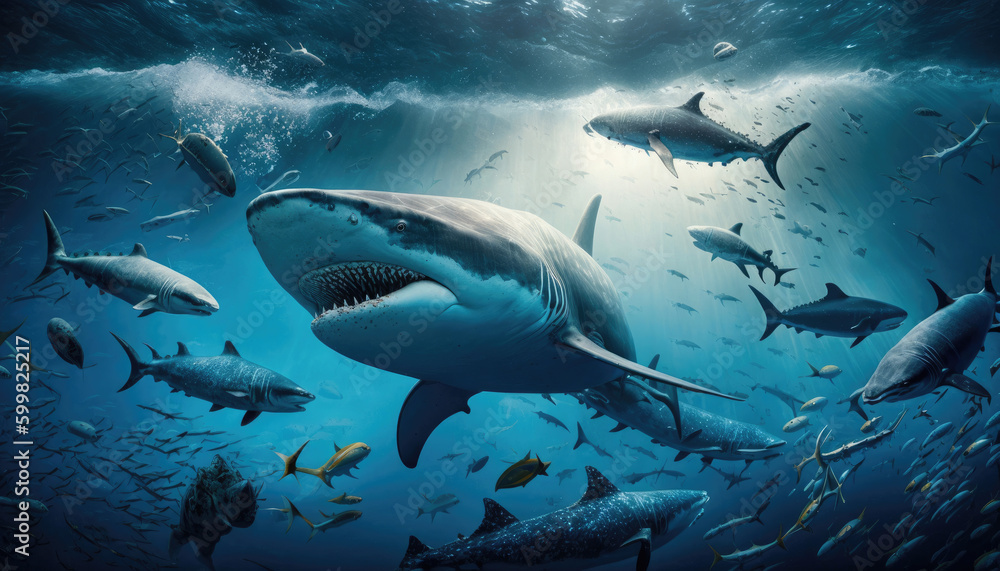 sharks in the sea wildlife underwater background, generated ai