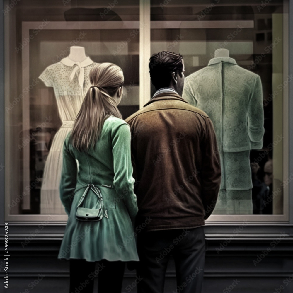 Couple looking at the window of a store. Generative AI.