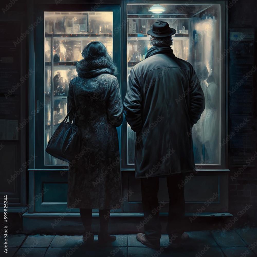 Naklejka premium Couple looking at the window of a store. Generative AI.