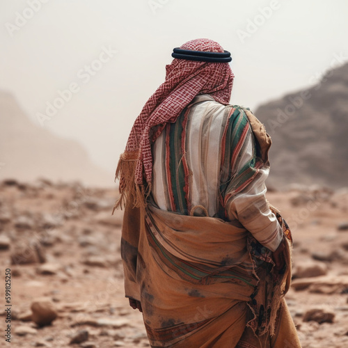 Back view of a Bedouin in the desert. Generative AI.