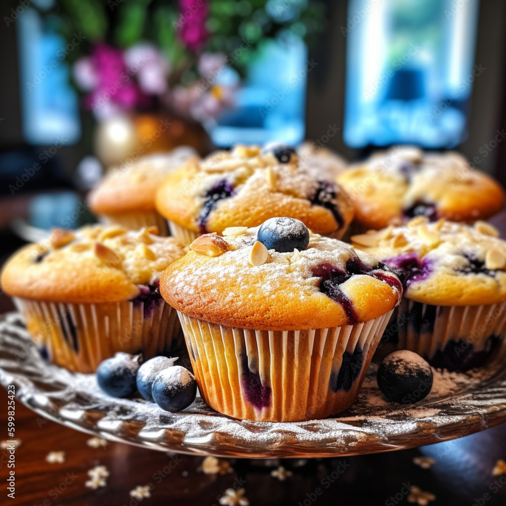 Blueberry homemade muffins. Generative AI. Blueberry homemade muffins. Generative AI.