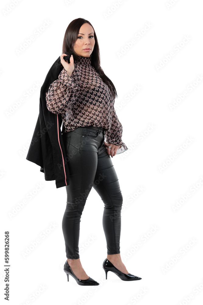 beautiful brazilian woman in tight black pants and blouse on white background beautiful brazilian woman in tight black pants and blouse on white background