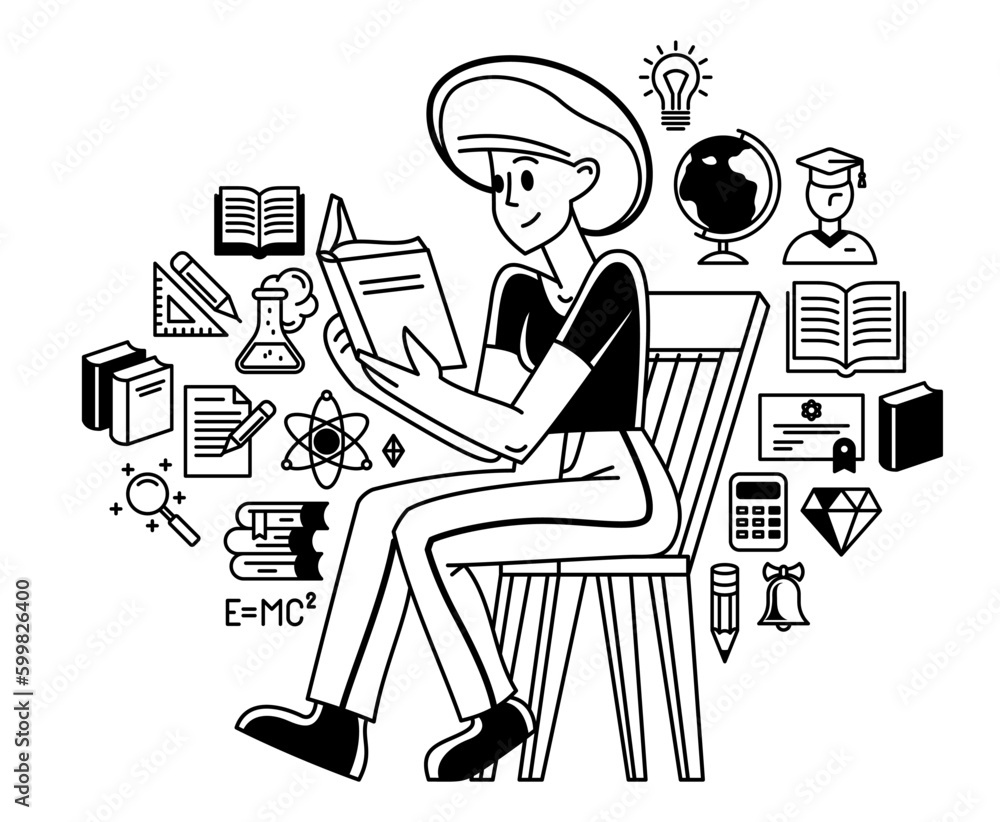 Education in university or collage, student is doing homework or preparing for exam, vector outline illustration, study sciences and graduate. Education in university or collage, student is doing homework or preparing for exam, vector outline illustration, study sciences and graduate.