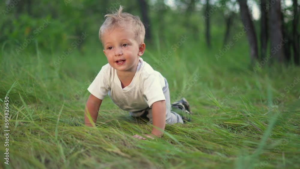 Happy little boy crawls on the grass in forest park. Family picnic in forest park. The kid crawls on the green grass. Childhood dream concept. Happy family concept. Child learns to walk on a picnic. Happy little boy crawls on the grass in forest park. Family picnic in forest park. The kid crawls on the green grass. Childhood dream concept. Happy family concept. Child learns to walk on a picnic.