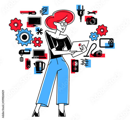 Technician engineer repairing household appliances, woman repairer service vector outline illustration, engineer fixing and upgrading different technics.