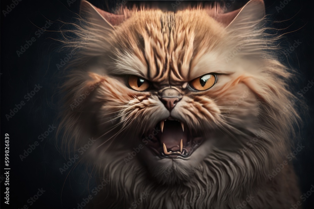 Head portrait of long-haired domestic cat hissing. Realistic art.