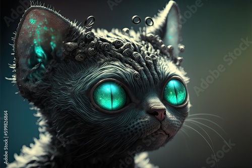 Alien cat head portrait with glowing green eyes looking away