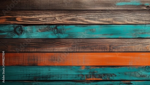 Wooden texture background with teal and orange color accent. Wood background with copy space. Generative AI