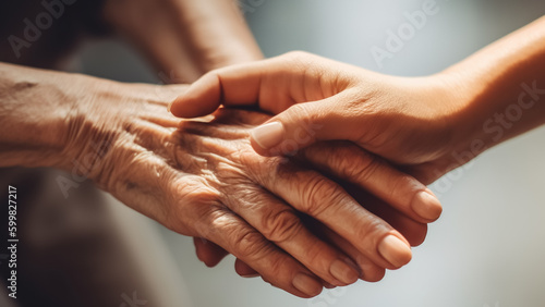 helping hands elderly, care for the elderly concept. old and young holding hands on light background