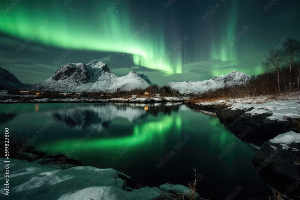 Aurora Borealis over Lofoten. Generative AI Aurora Borealis over Lofoten. Generative AI