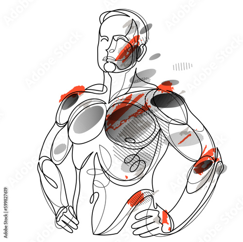 Linear drawing of a perfect body fit model man posing vector illustration isolated, muscular macho sexy guy with naked torso topless.