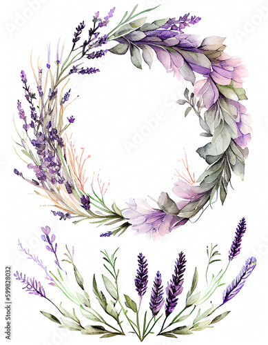 Lavender Circle Wreath. Wedding or Valentine Watercolor Illustration Concept on Isolated White Background.