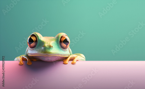 Creative animal concept. Frog toad peeking over pastel bright background. advertisement, banner, card. copy text space. birthday party invite invitation 